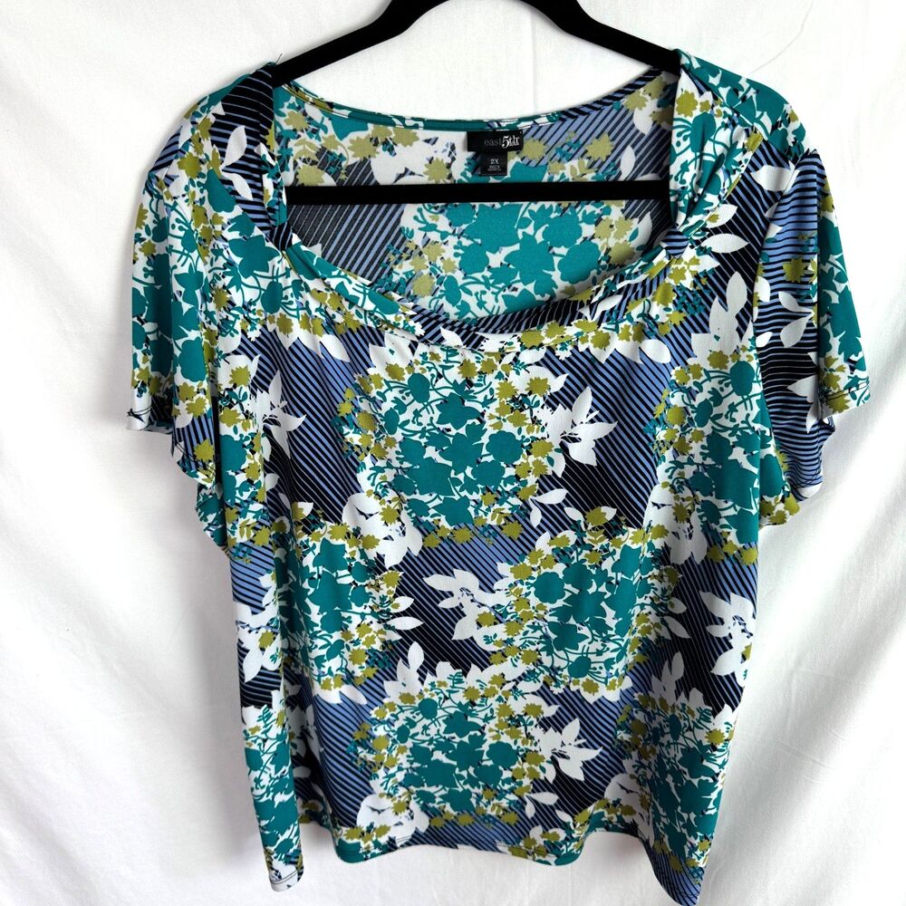 East 5th Women's Top Blouse Size 2X Green/Blue Floral Print Short Sleeves